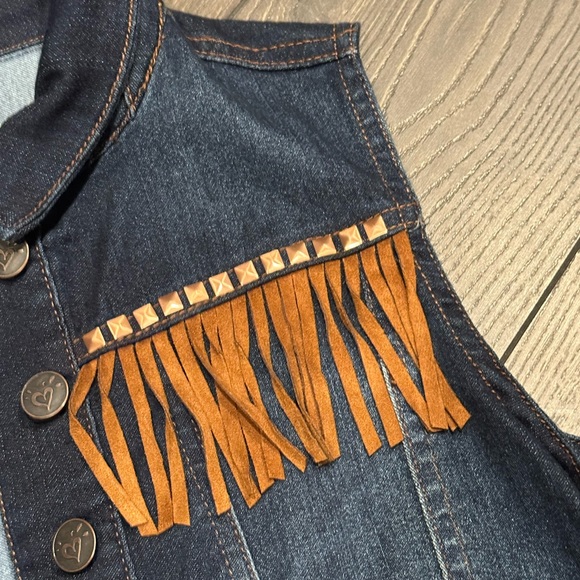 JUSTICE COWGIRL BLUE BUTTON JEAN JACKET WITH TASSELS AND JEWELS - Picture 3 of 5